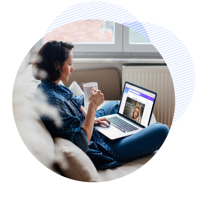 patient with her laptop, drinking coffee talking to a provider